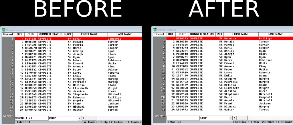 Browse grid before and after a default @swap — bib stays, all other fields move