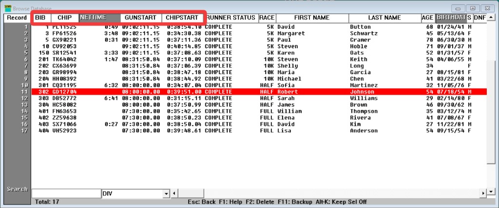 Browse grid with chip and timing fields placed immediately after the bib column