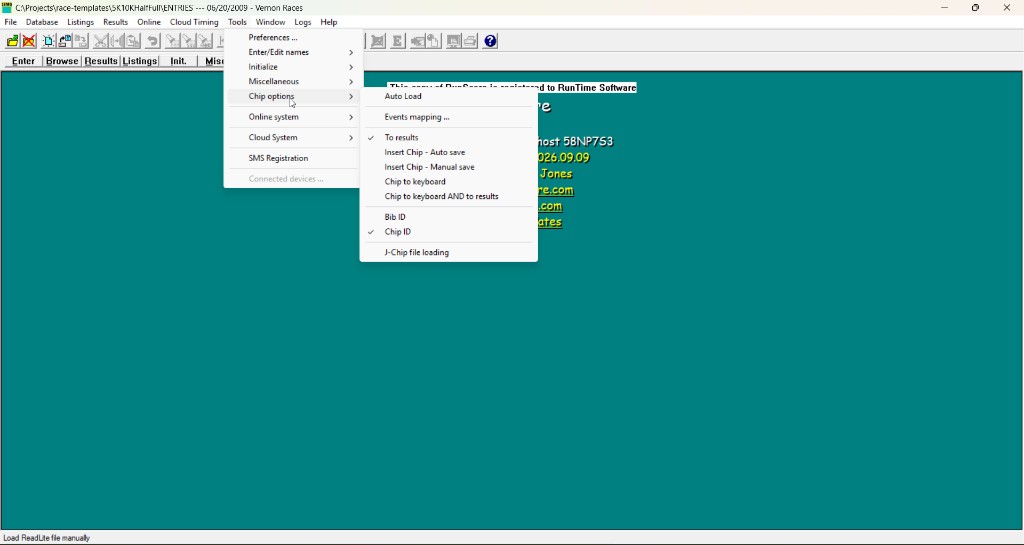 Tools > Chip Options submenu showing all menu items