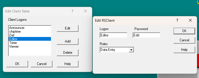 Edit Client Table dialog (left) showing client logon accounts, and Edit RSClient dialog (right) where you set a login name, password, and role