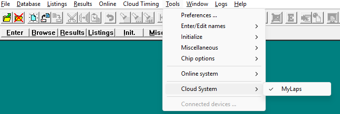 Enable MYLAPS Cloud Timing via Tools → Cloud System → MyLaps