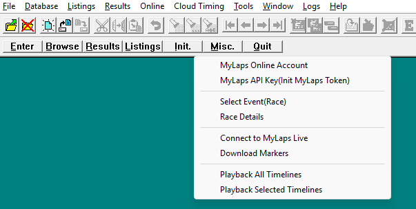 The Cloud Timing menu with MYLAPS account, event, live data, and playback options