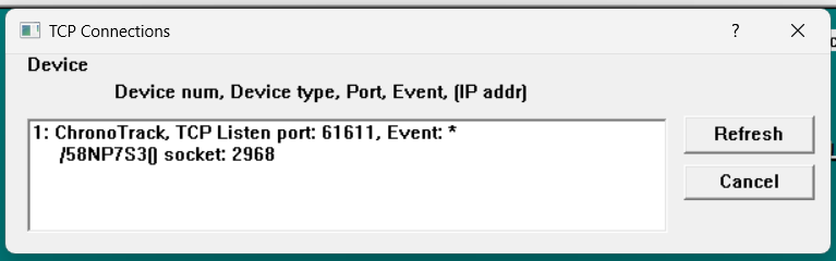 The TCP Connections window showing a ChronoTrack device listening on port 61611, with one connected computer indented below it