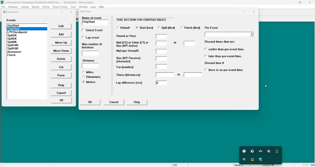 Edit Events list and Edit Event dialog with ChipStart set to Start (last)