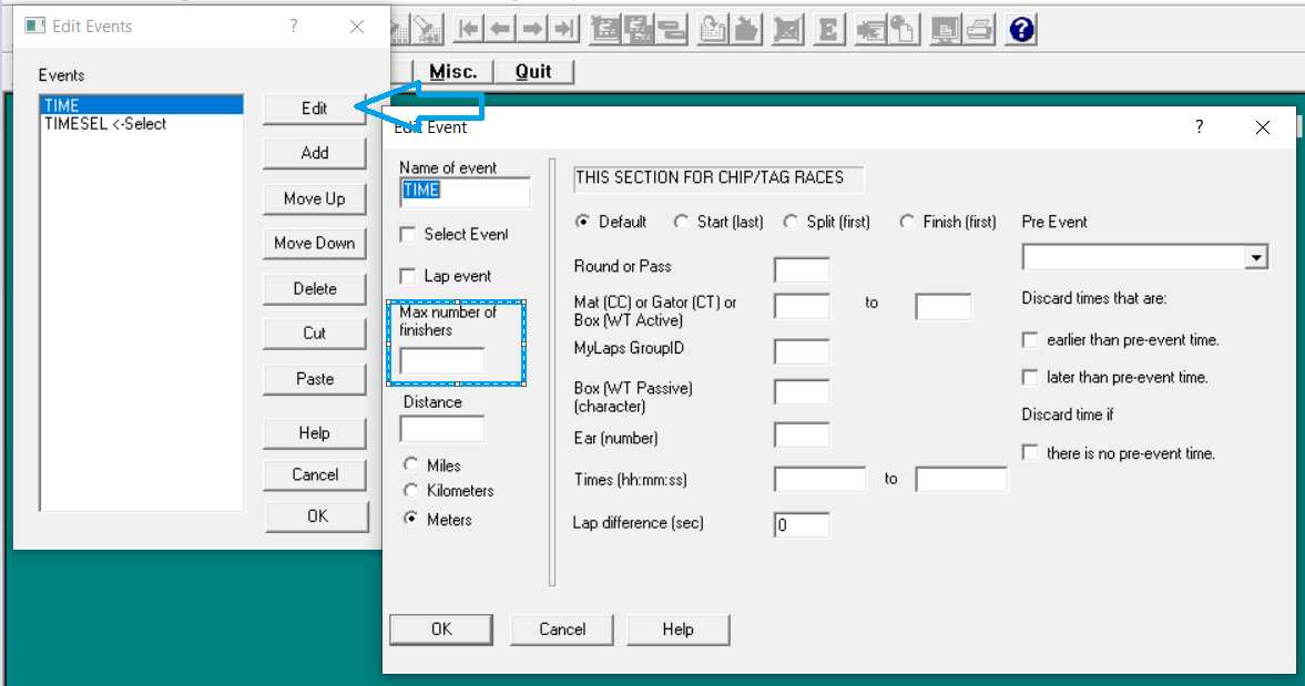 Edit Events dialog and Maximum number of finishers field