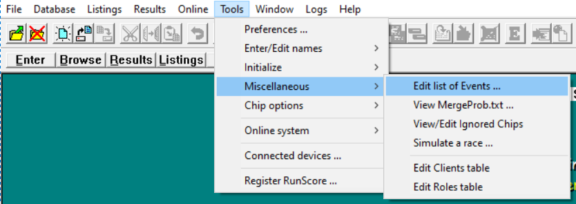 Tools → Miscellaneous → Edit list of Events