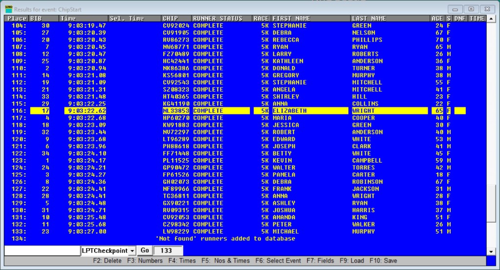 Results screen after pressing F6, showing Sel. Time column