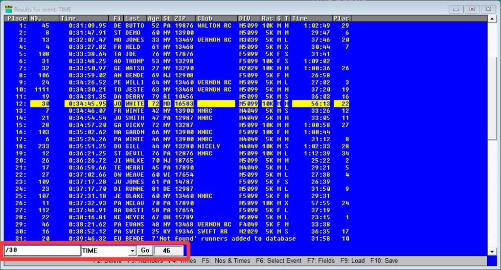 Searching for bib 30 using the command area