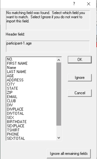 Field mapping dialog — match API fields to RunScore columns