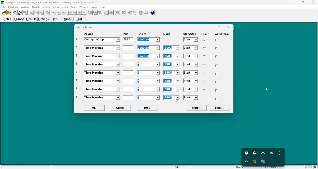 External Timers dialog with 8 timer slots and the Export/Import buttons