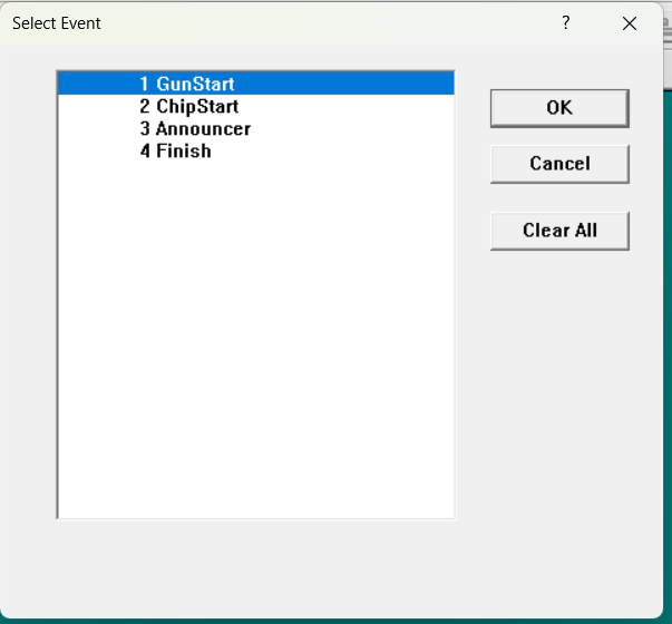 Select Event dialog with GunStart highlighted and OK, Cancel, and Clear All buttons