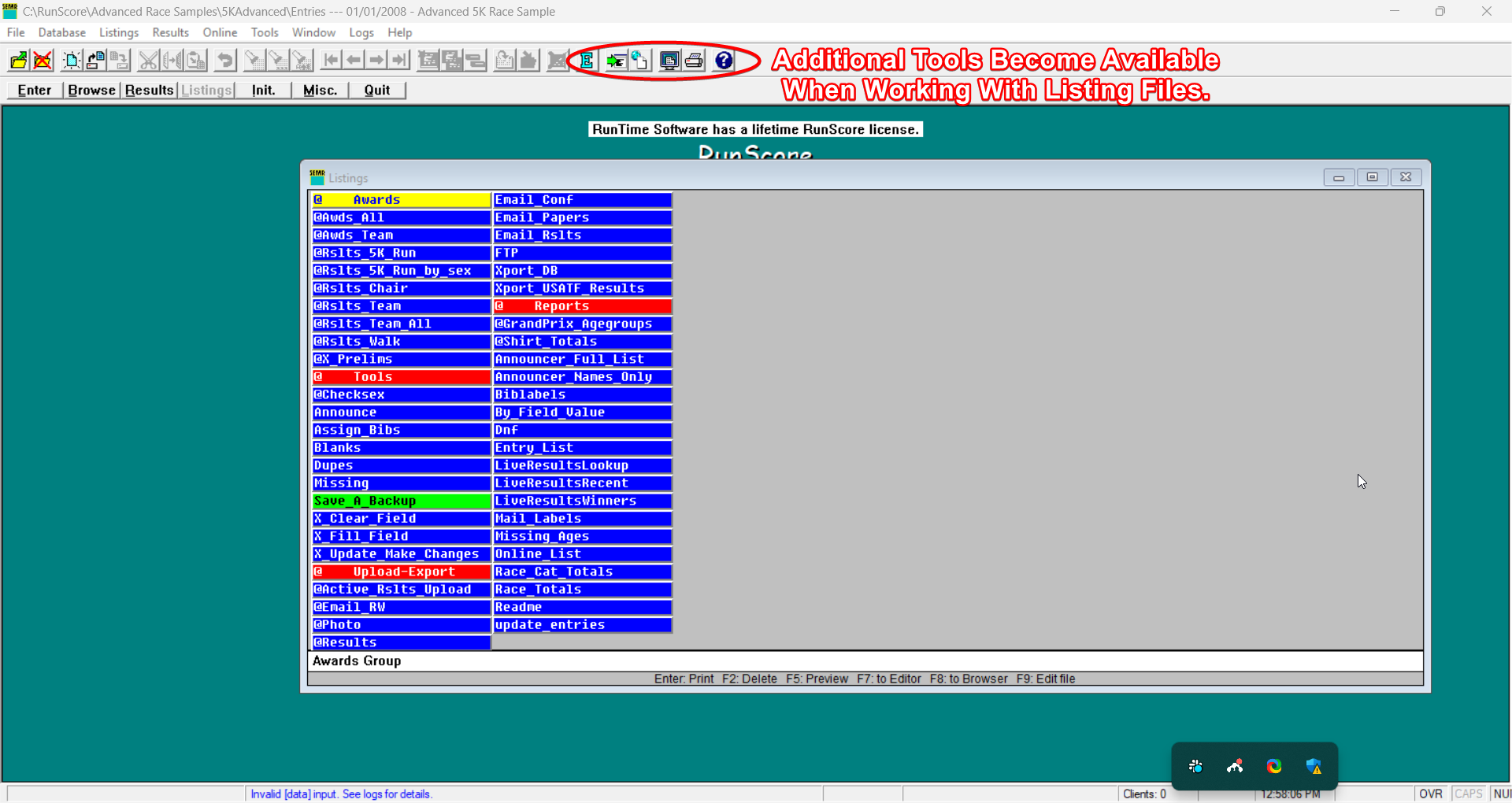 The Listing screen showing available listing files