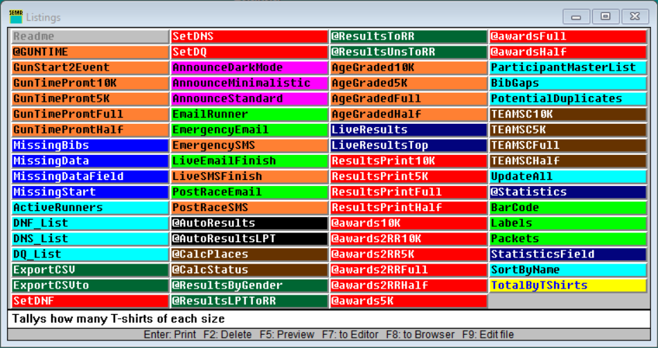 Listings window with files in different colors