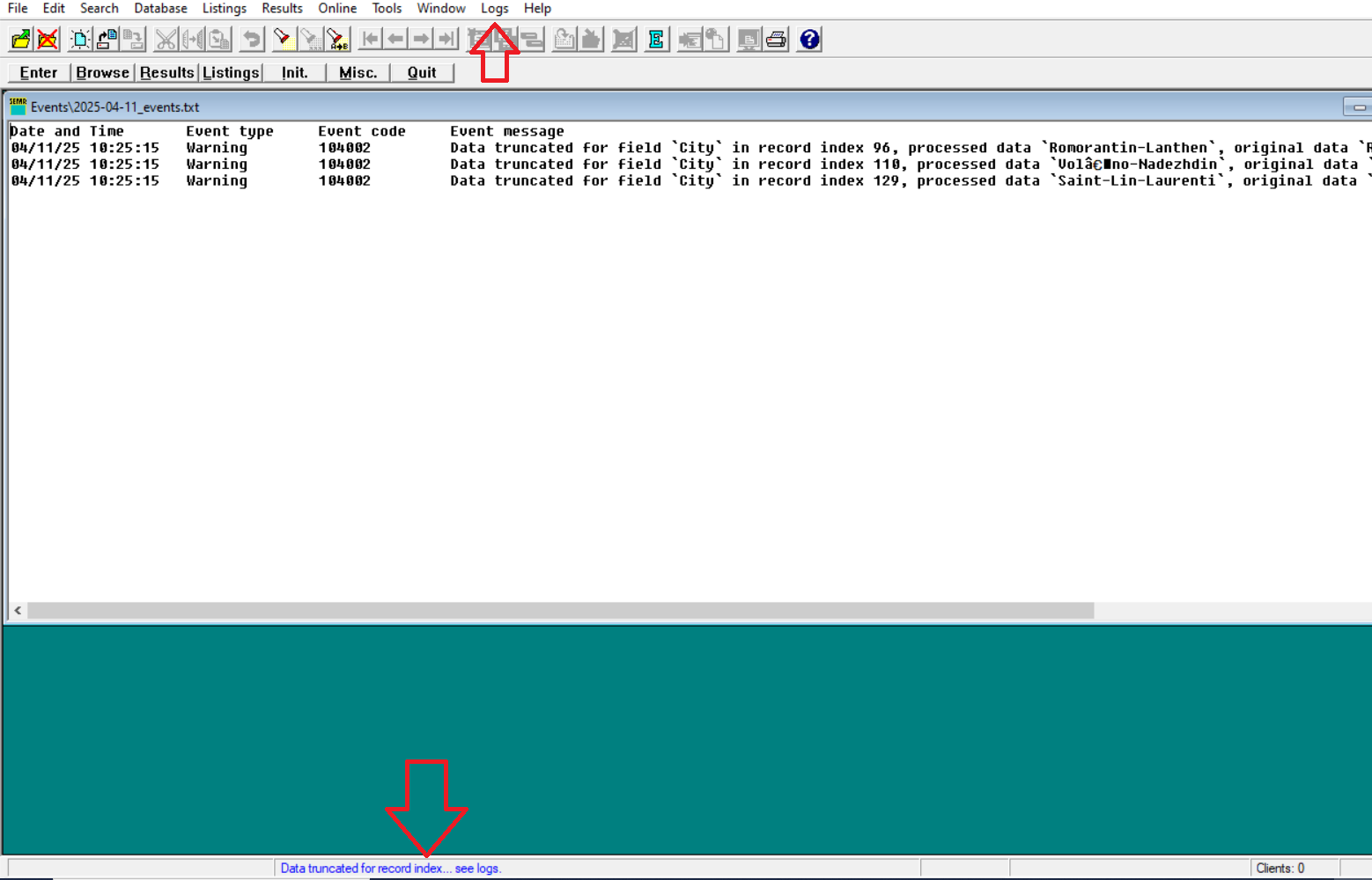Runtime Validator warnings in the event log and status bar