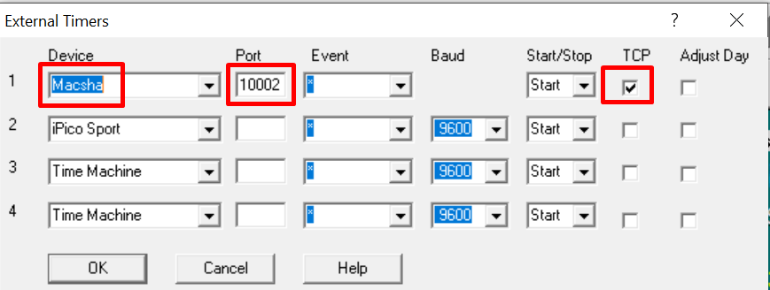 External Timers dialog with Device set to Macsha, Port 10002, and TCP checked