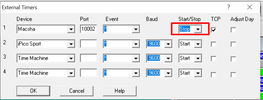 External Timers dialog with the Macsha slot's Start/Stop set to Stop