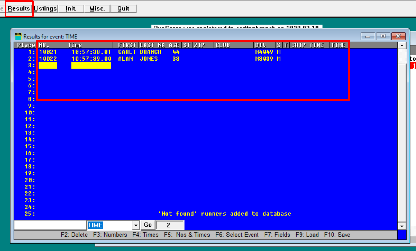Results screen for event TIME showing two live passings and a 'Not found' runners added to database message
