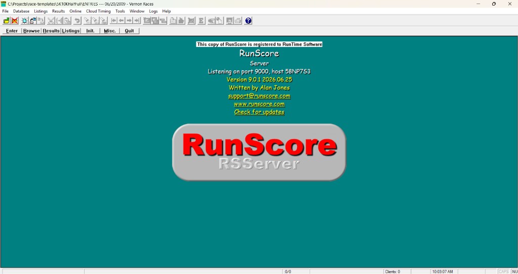 The RunScore Server main window with a race open and the Master Menu buttons active