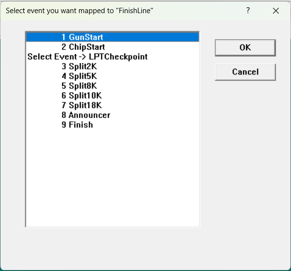 Location-mapping dialog asking which RunScore event to assign to a middleware location