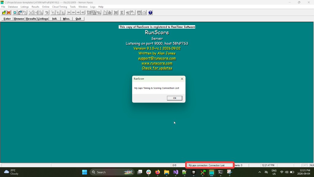 Connection Lost popup dialog