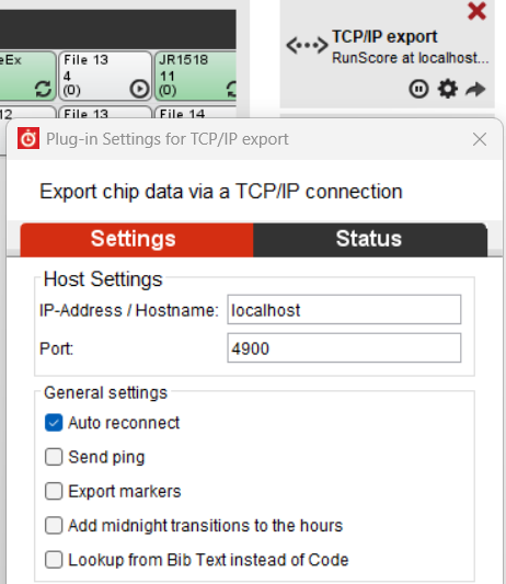Timing & Scoring TCP/IP exporter settings — hostname, port, and general settings