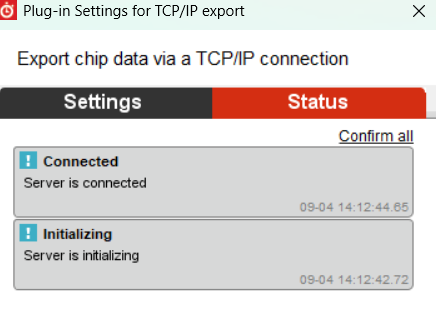 Timing & Scoring TCP/IP exporter status — Connected / Server is connected