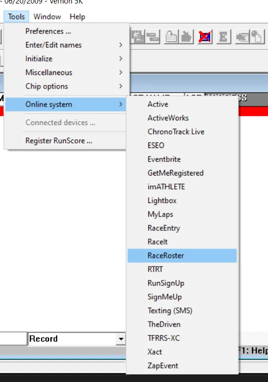 Tools → Online system → RaceRoster