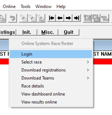 Online System: Race Roster menu — Login