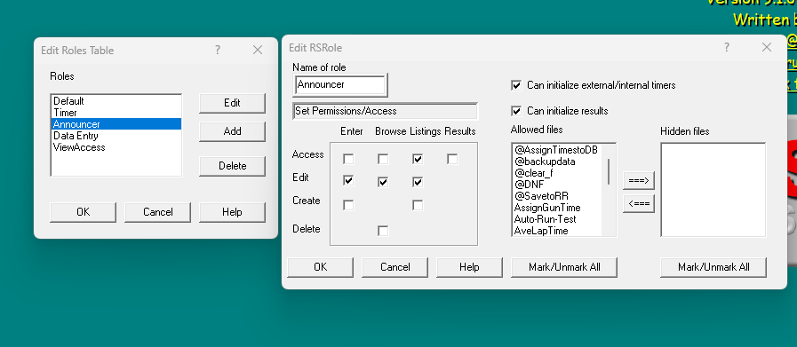 Edit Roles Table dialog (left) showing role names, and Edit RSRole dialog (right) showing the permissions matrix, initialization flags, and allowed/hidden file lists