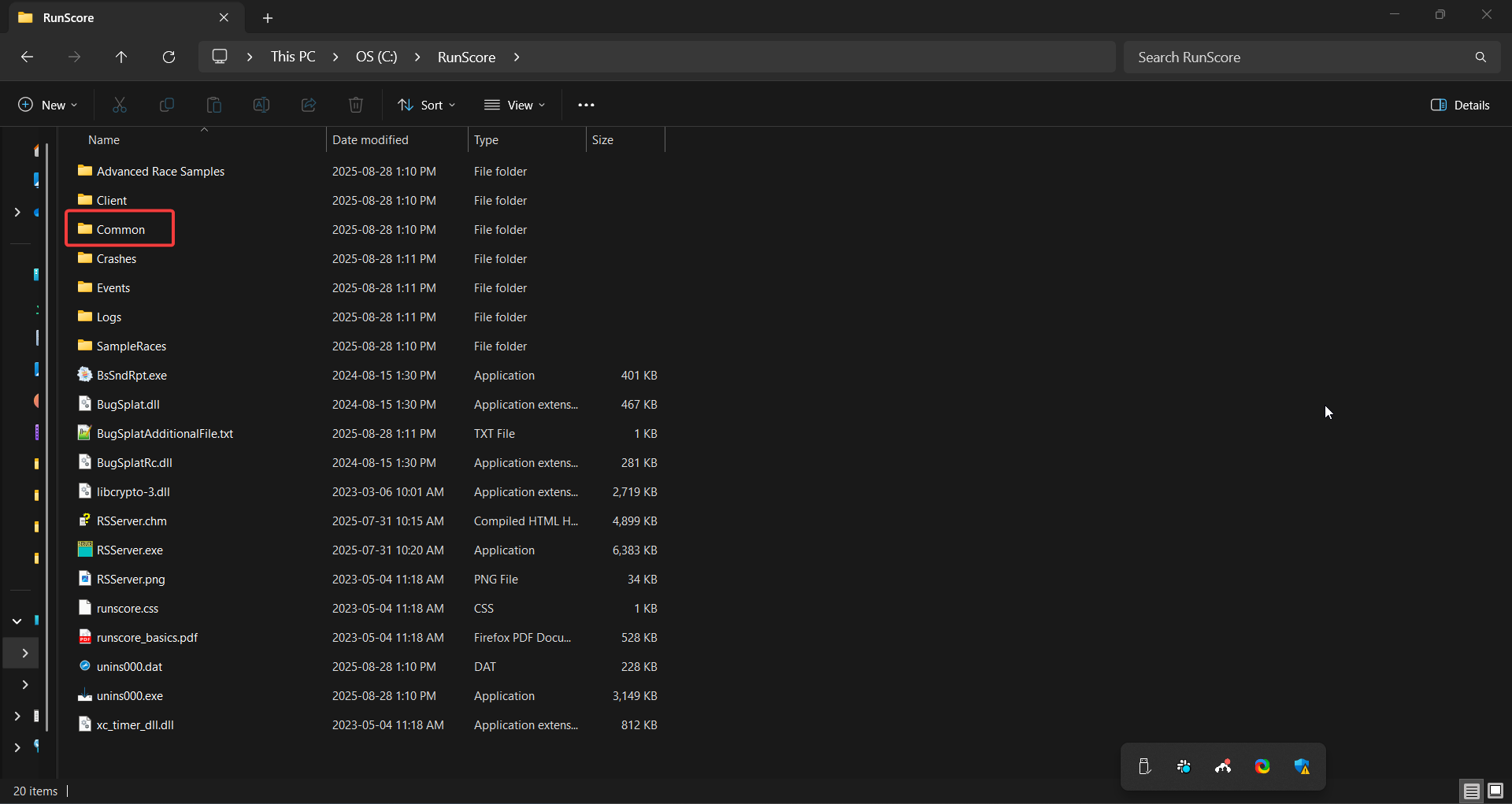 The C:\RunScore directory showing race-related folders and files