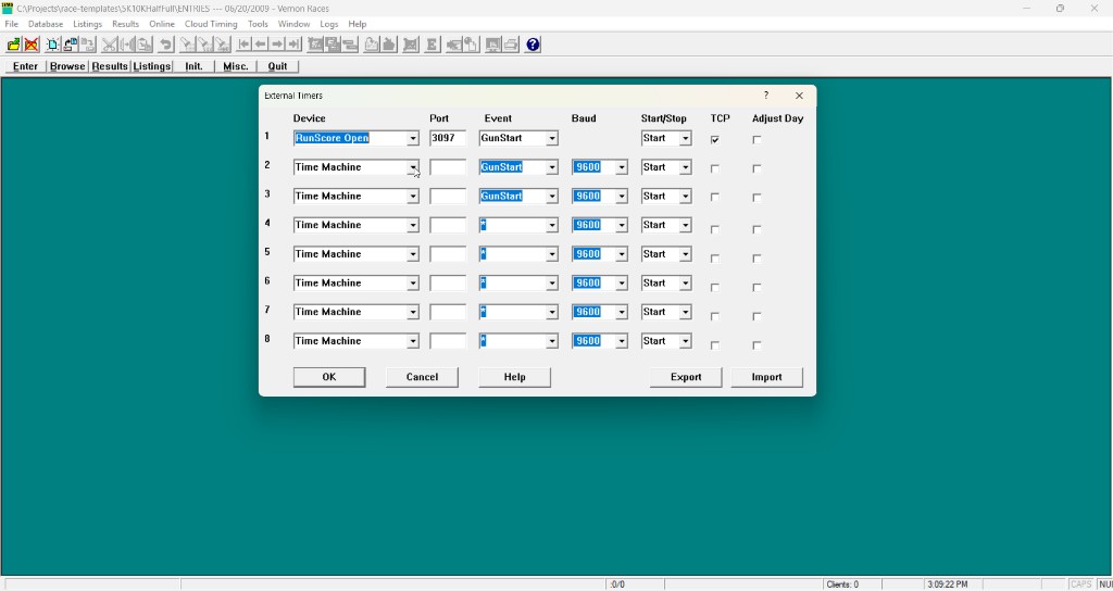 Initialize External Timers dialog with RunScore Open selected and TCP checked