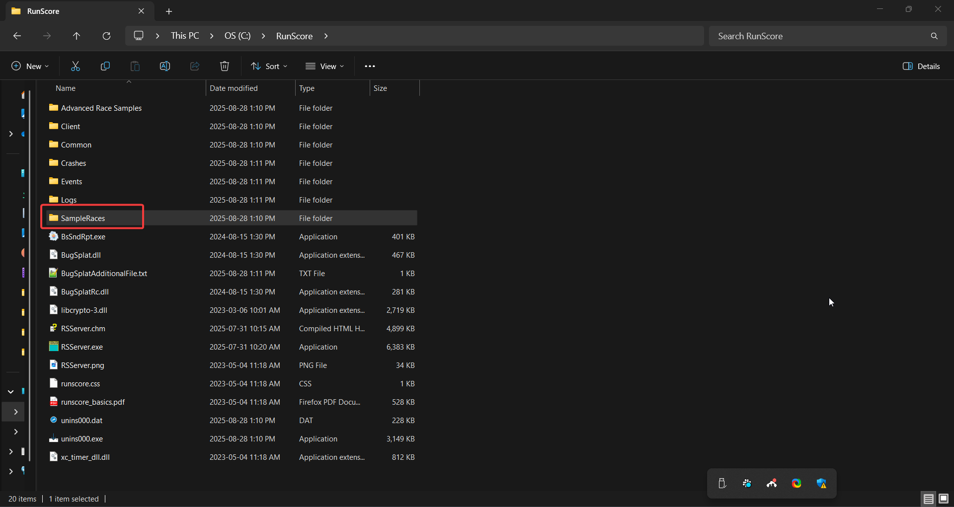 C:\RunScore folder with SampleRaces highlighted