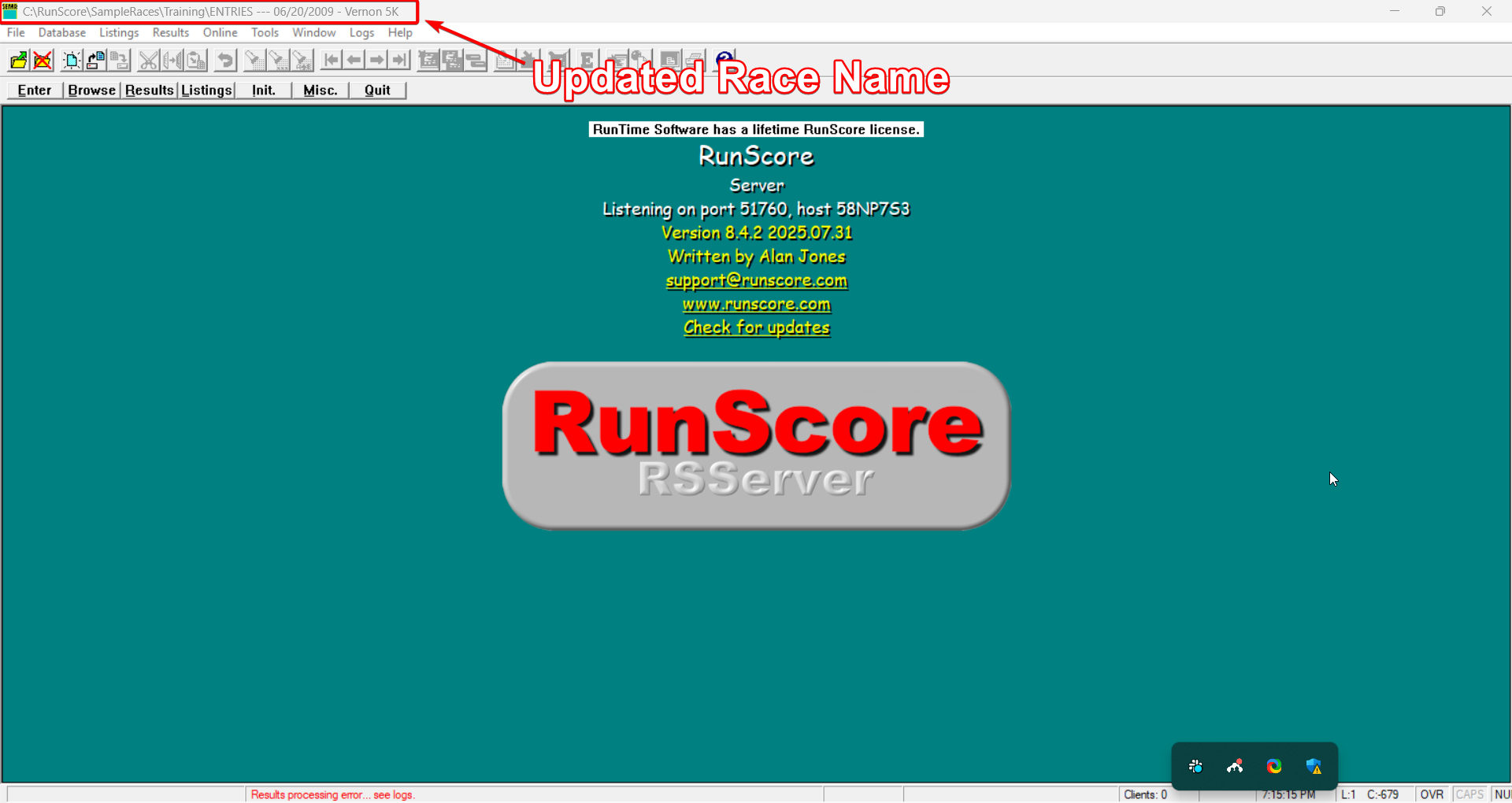 RunScore workspace showing the newly cloned Training race in the title bar