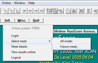 Online → TFRRS menu with Select meet submenu showing All meets and Future meets