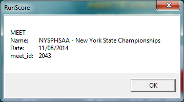 Meet confirmation dialog with meet name, date, and meet_id
