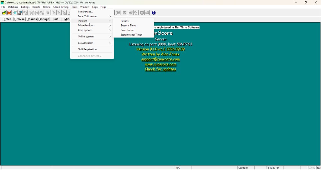 The Tools menu in RunScore Server with the Initialize submenu open, showing Results, External Timer, Push Button, and Start Internal Timer