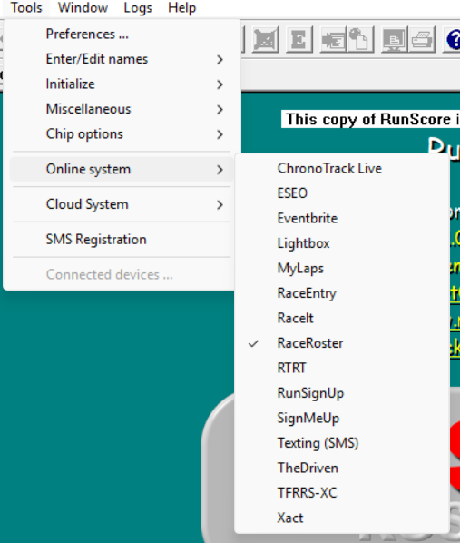 Tools → Online system menu listing all supported registration/results platforms